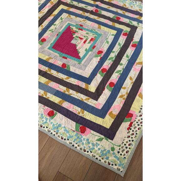 Vintage Hand Quilted Log Cabin Housetop Quilt Concentric Squares Abstract 6x7 - Picture 9 of 16